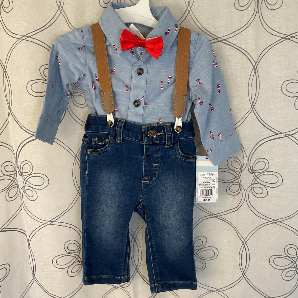 Infant Boys Blue‎ Candy Cane Print Shirt & Jeans Christmas Outfit Set